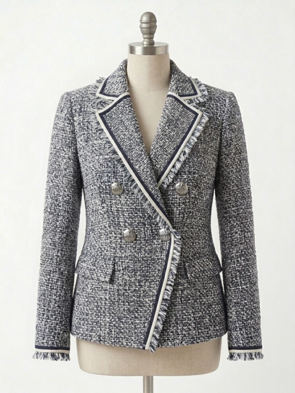 Veronica Beard Theron Tweed Fringe Blazer – Navy & White